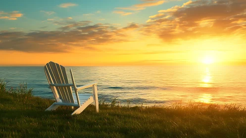 Single white chair facing calm ocean sunset horizon.