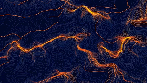 Luminous contour rivers tracing molten paths in midnight silence.