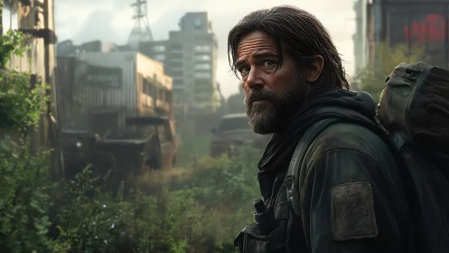 Weary wanderer crossing green-choked postapocalyptic ruins.