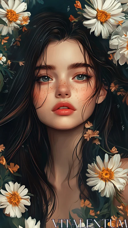 Freckled floral portrait with soft-lit digital realism focus.