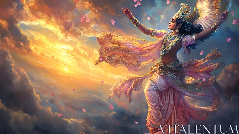 Divine celestial dancer soars through radiant sunset clouds