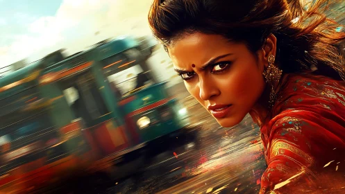 Fierce woman races beside speeding tram in vivid motion blur