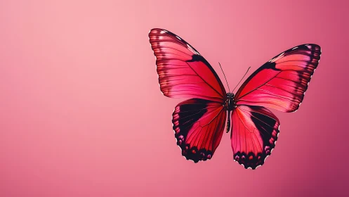 Pink butterfly spreads luminous wings on gradient backdrop.