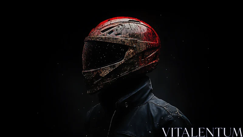 Motorcyclist in red weathered helmet against black background.