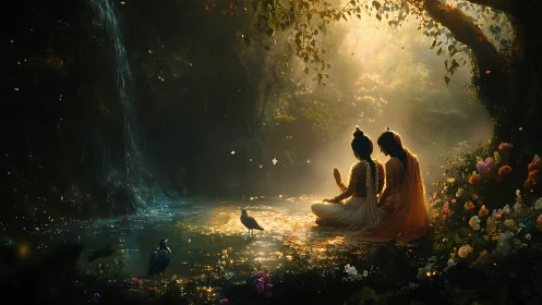 Moonlit lovers by the waterfall pond in golden hush.