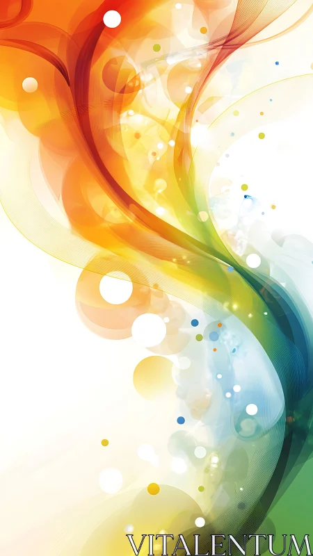 Flowing rainbow light arcs curve across a bright white space