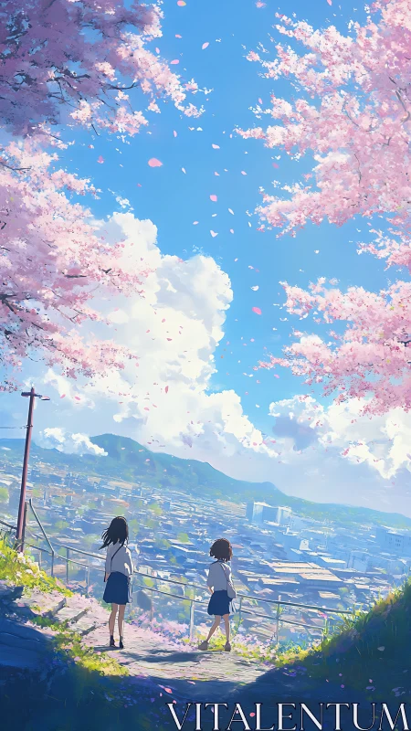 Two students overlook spring city under pink sakura sky.