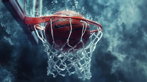 Basketball suspended in hoop with water-splash net effect.