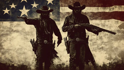 Outlaw silhouettes confront viewer before distressed flag backdrop.