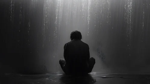 Solitary human silhouette seated under vertical downpour