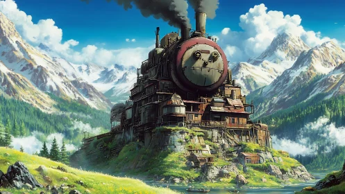 Mountain valley train fortress under clear blue sky.