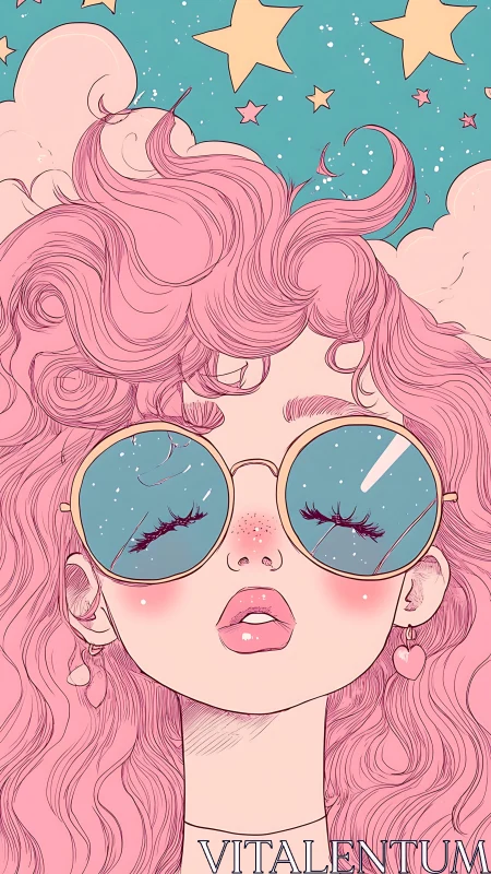 Pastel line-art portrait with reflective lenses and stylized curls