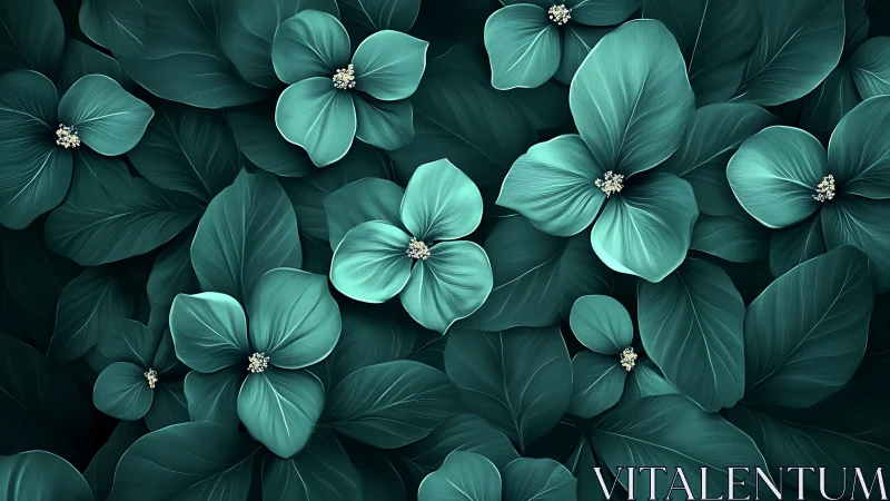 Turquoise floral composition with detailed petal rendering and luminous centers.