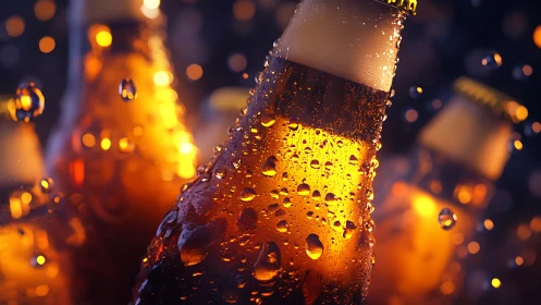 Backlit amber beer bottles with condensation and bokeh droplets