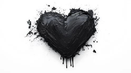 Textured Black Heart with Splatter Edges Against White.