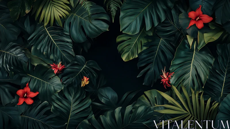 Dense tropical foliage with scattered red hibiscus flowers.