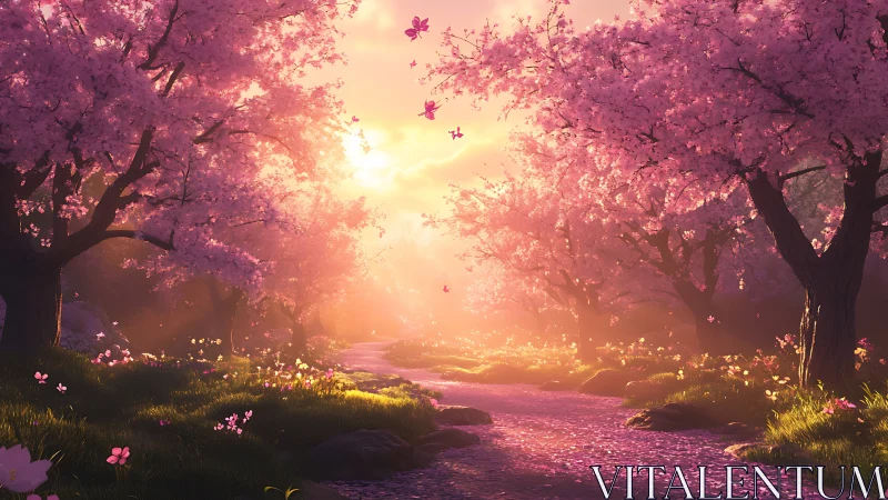 Sunlit cherry blossom river corridor renders atmospheric depth
