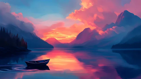 Gentle lake sunset cradling a quiet boat and soft peaks.