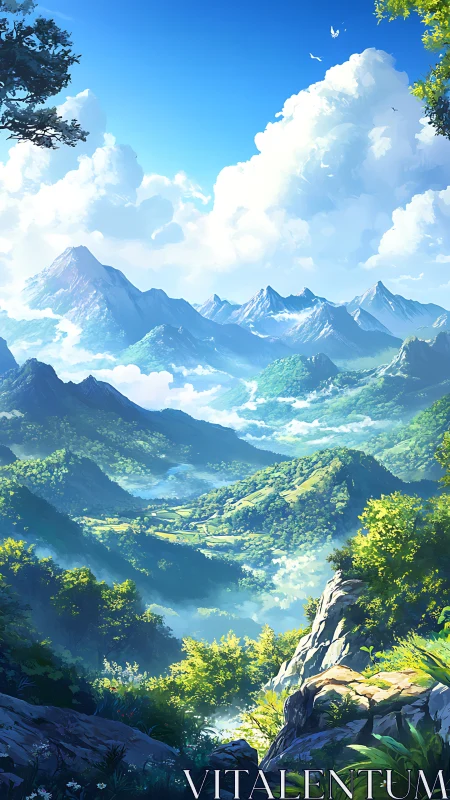 Sunlit mountain valley stretches beneath towering summer clouds