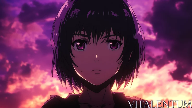 Twilight resolve on anime girl against blazing sky glow.