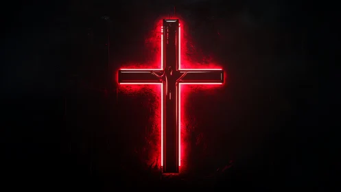 Neon red cross glowing on dark textured background.