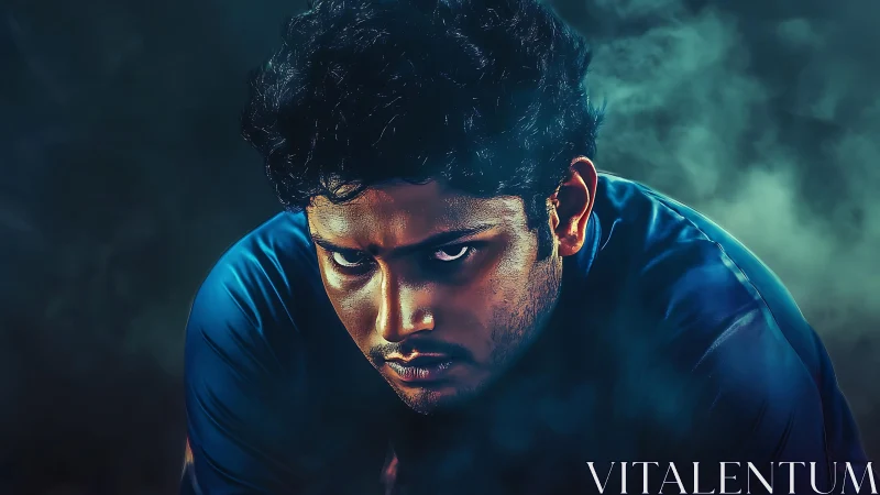 Intense male portrait with dramatic teal smoke lighting