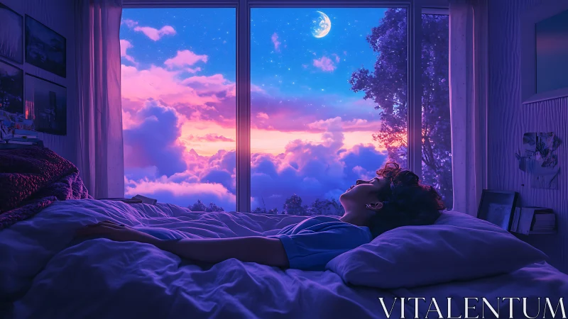 Nocturnal bedroom interior with dreamlike nebular sky view