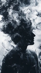 Silhouette portrait dissolving into swirling smoke forms.