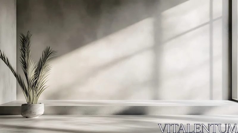 Minimalist interior corner shows potted palm and sunlight