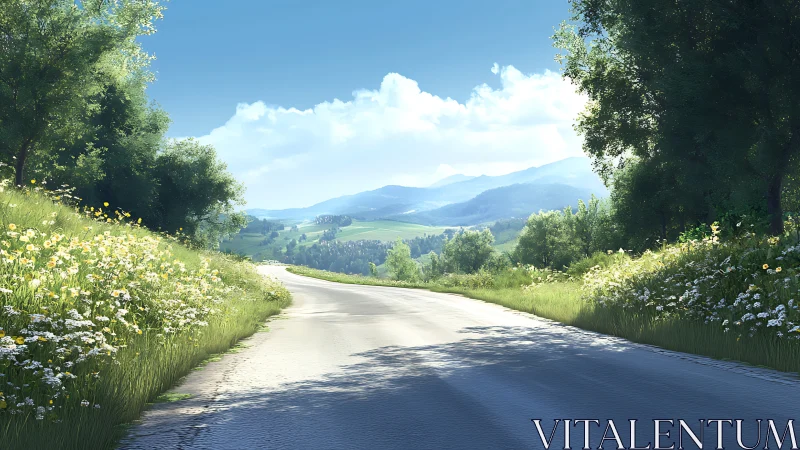 Sunlit country road curving through wildflower meadows.