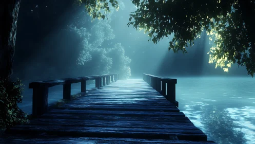 Dreamlike wooden pier in misty blue forest lightscape.