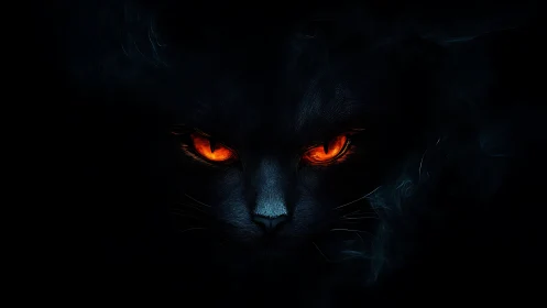 Black feline portrait with luminous orange eyes on black background.