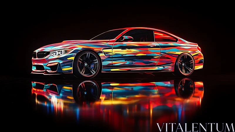Neon sports coupe wrapped in dynamic multicolor streaks.