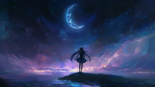 Moonlit dreamer gazes into a vast, glowing night sky