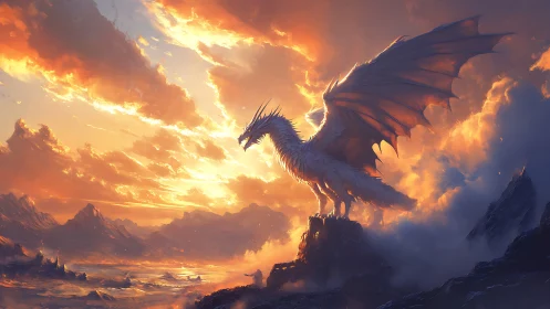Winged dragon on rocky summit under illuminated sky.