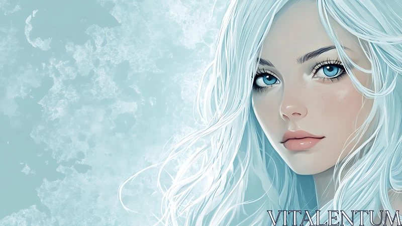 Ice-haired woman gazes forward with piercing blue eyes.