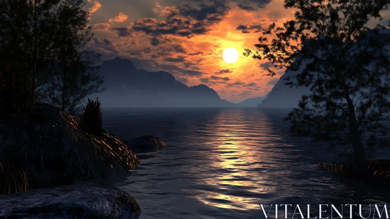 Sunset over reflective lake with silhouetted coastal trees.