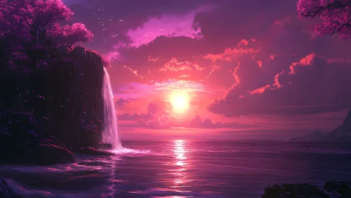 Digital seascape depicts waterfall cliff and stylized sunset