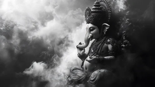 Monochrome statue of Ganesha in dense surrounding mist.