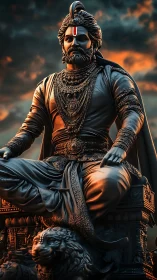 Regal seated warrior statue with ornate armor at sunset.