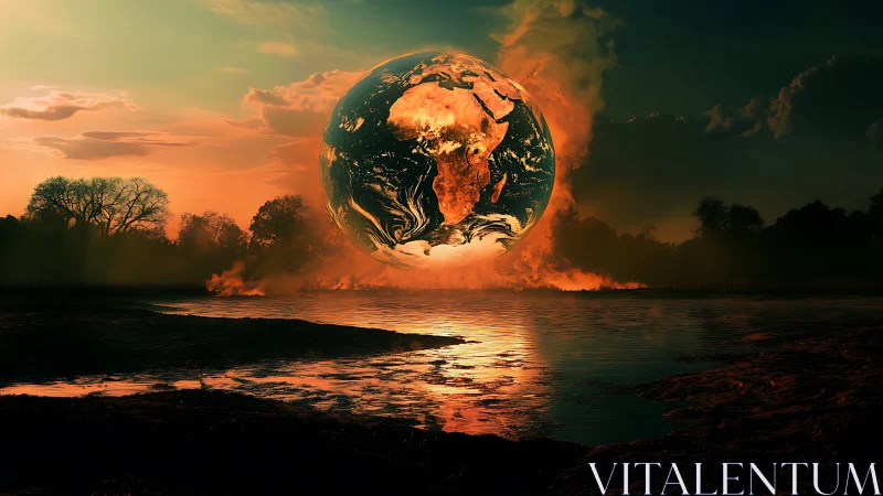 Terrestrial Orb Emerging from Aquatic Landscape with Chromatic Atmospheric Distortion.