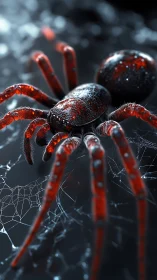 Photorealistic red spider on dewy web in dark macro scene.