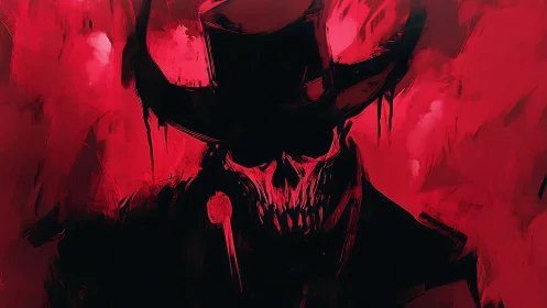 Sinister skeletal gunslinger in crimson abstract haze.