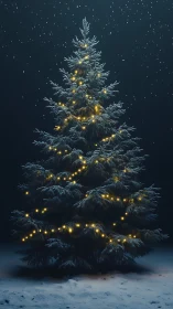 Snow covered outdoor fir tree glows with warm string lights