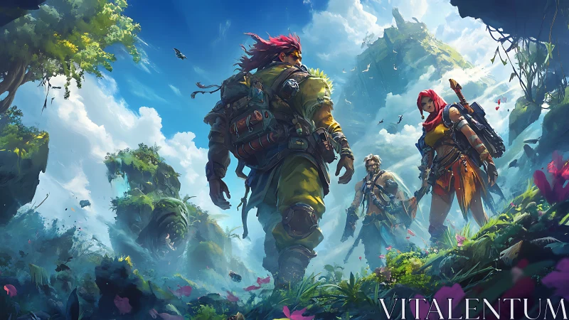 Brave adventurers stride through a lush floating jungle world