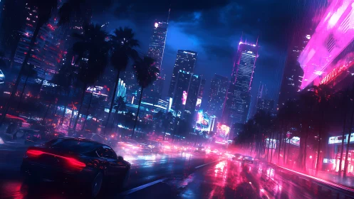 Neon lit futuristic city street with wet reflective roadway