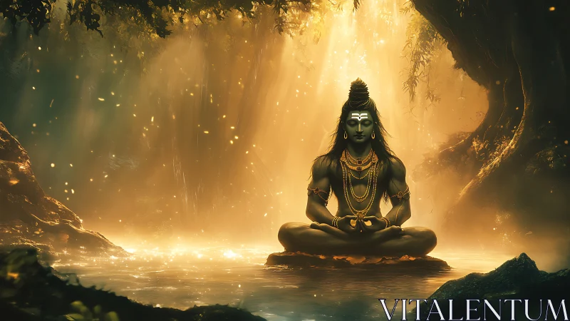 Divine yogi meditates in golden forest light beside river.