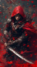 Hooded figure holds a sword amid dynamic red brushstrokes