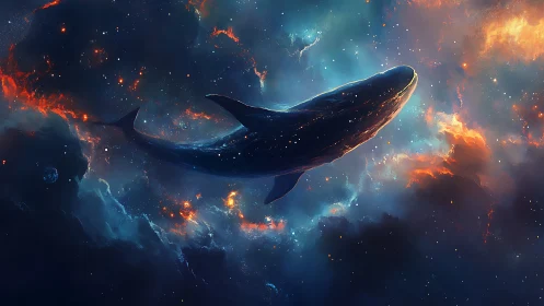 Celestial whale glides through nebular cosmos in luminous profile