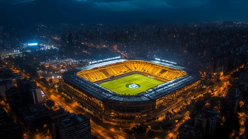 Luminous city stadium ignites the night in golden electric glow.